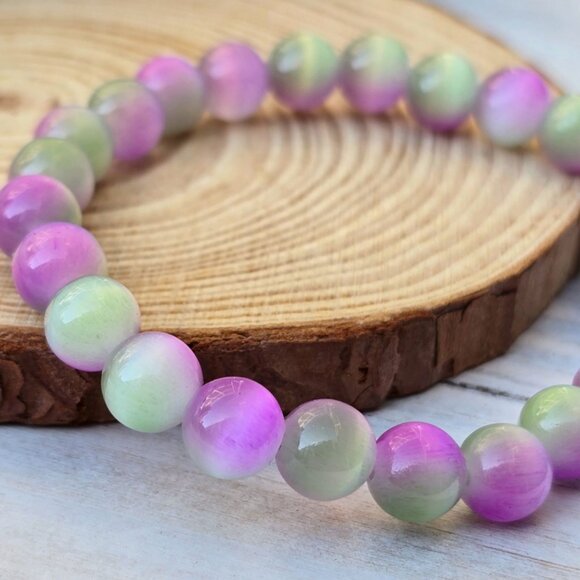 Hand Crafted Jewelry - Cat’s Eye Gemstone Bracelet – Handmade w/ Purple & Green Beads for Focus & Luck